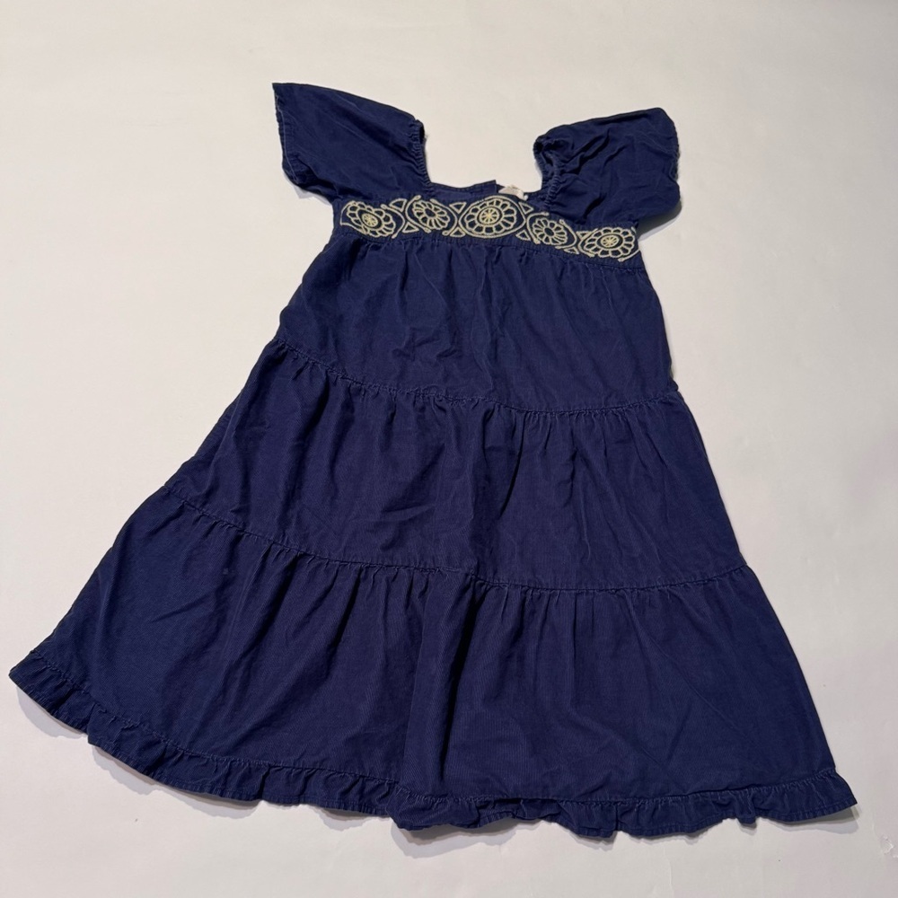 Mini Boden Blue Cream Embroidered Corduroy Dress Years Short Sleeve Tiered 9-10